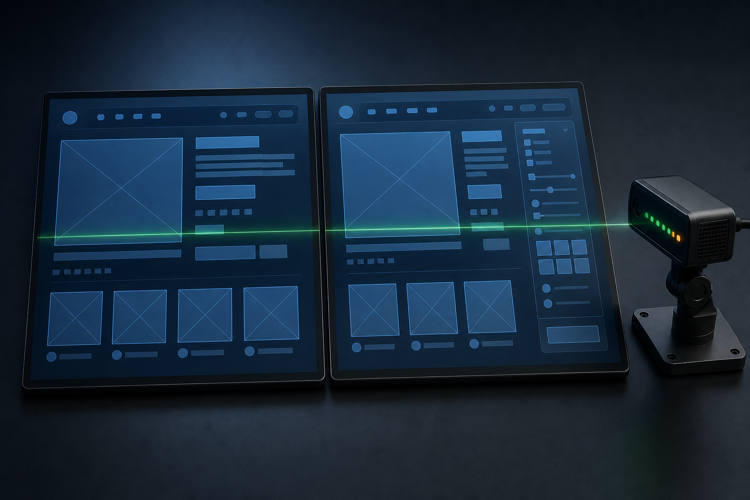A quality assurance workstation compares an initial product-page view with an enhanced interactive view while an automated device scans both displays.