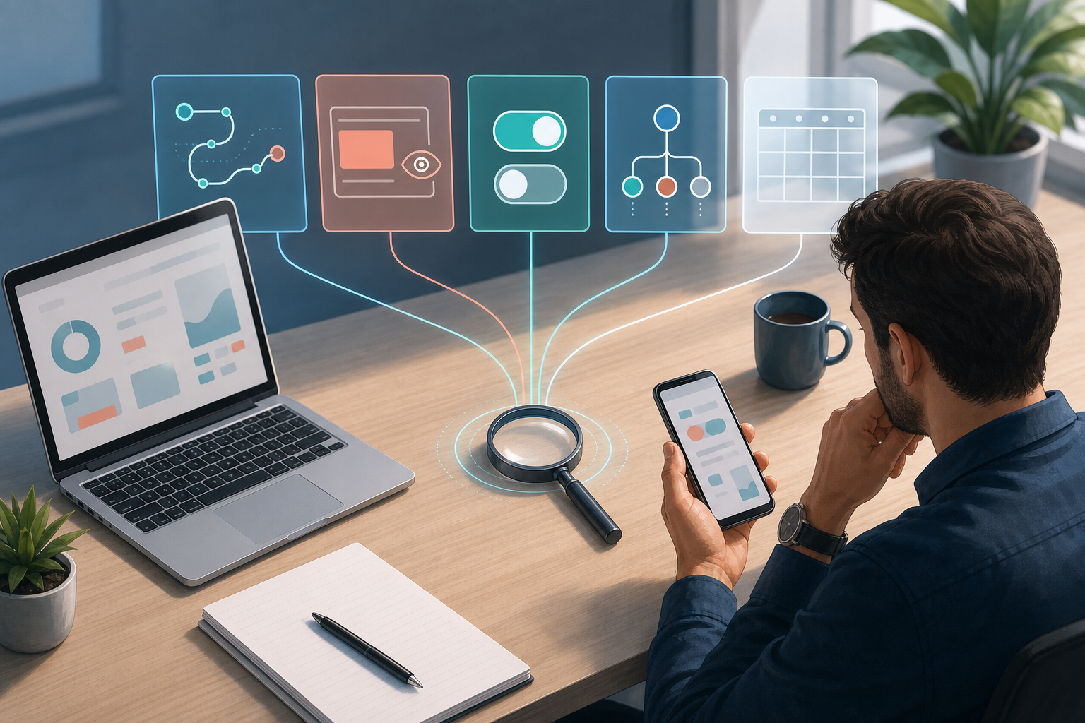 An analyst compares separate navigation, advertising, consent, traffic, and timing indicators across a laptop and smartphone using a central magnifying glass.