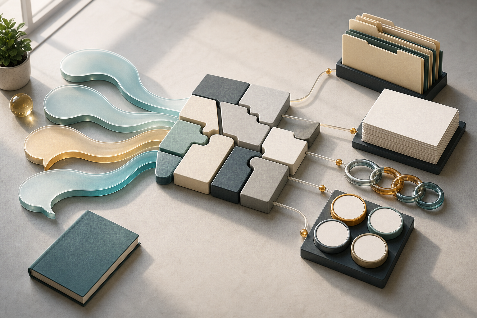 Abstract audience questions, claim modules, source folders, document stacks, and verification tokens converge into one organized structure on a table.