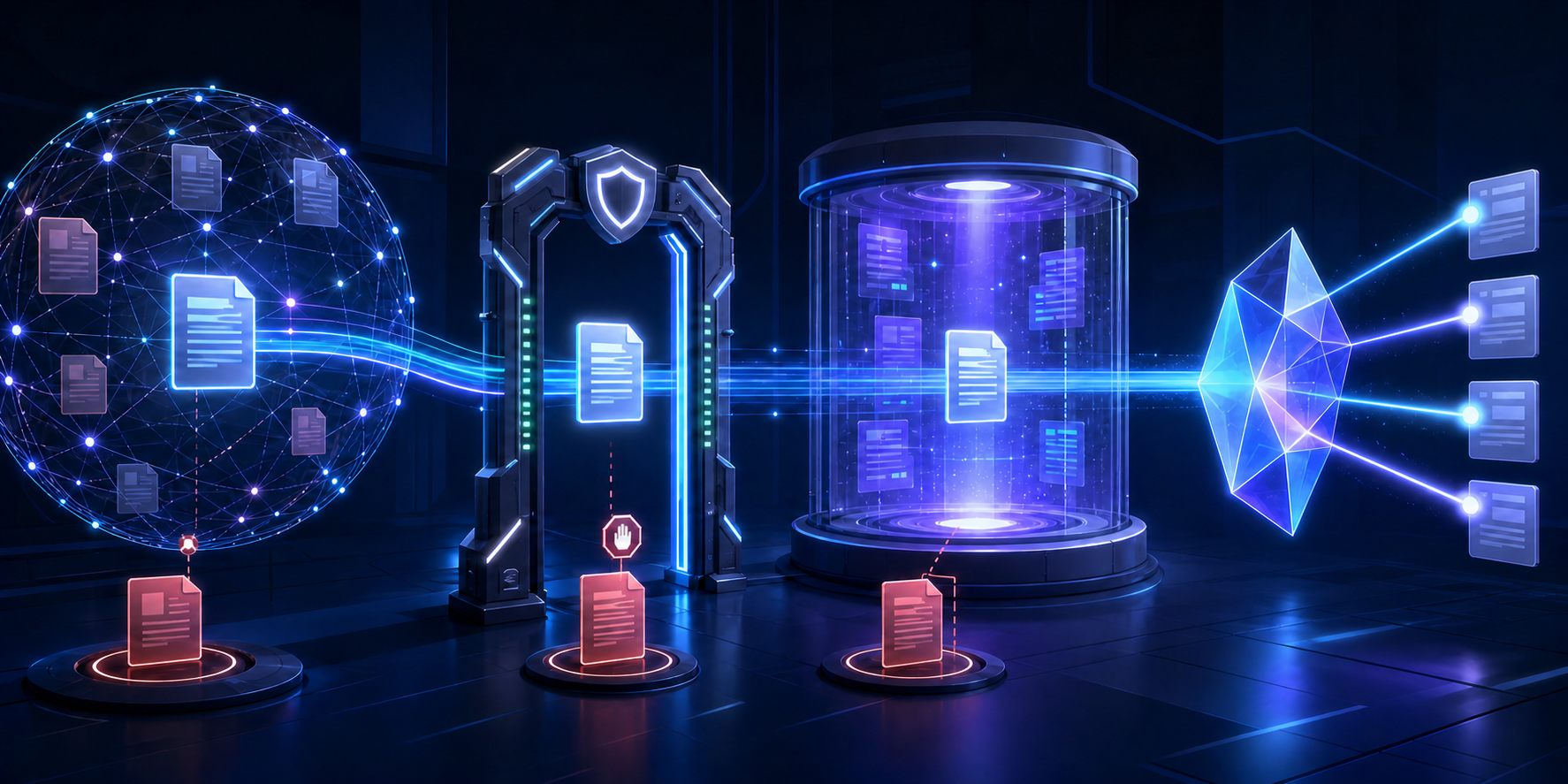 Abstract web documents move through a security gate and indexing chamber toward an AI answer prism, with some documents stalled at checkpoints.