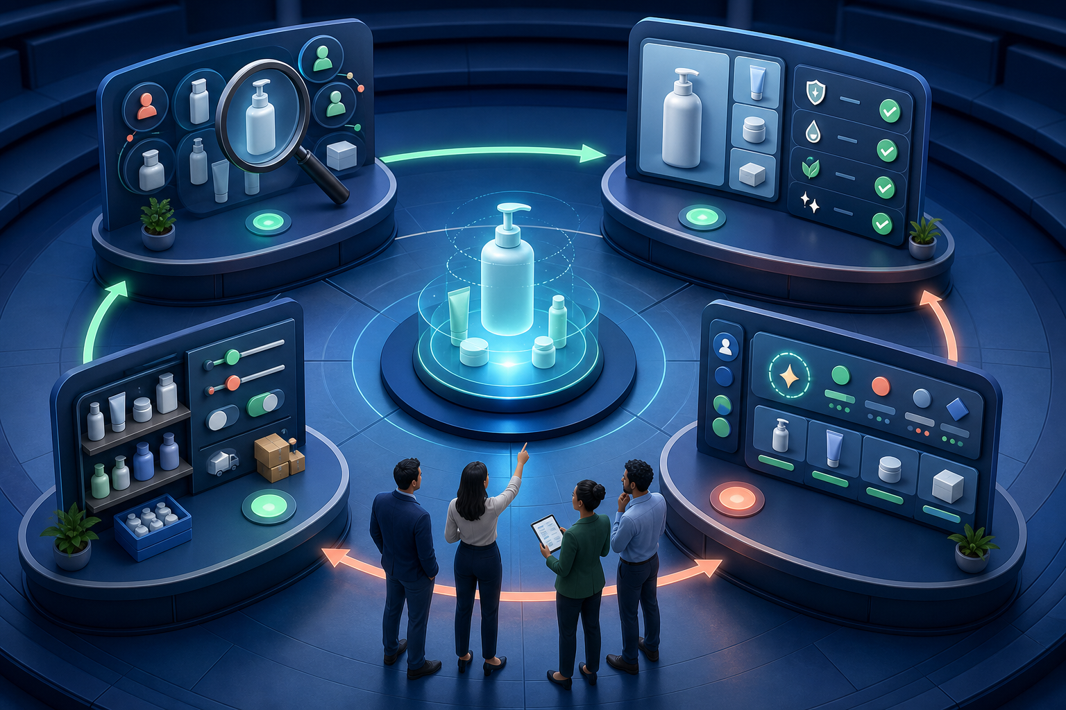 A retail team works around a circular process connecting question research, product evidence, recommendation monitoring and action.