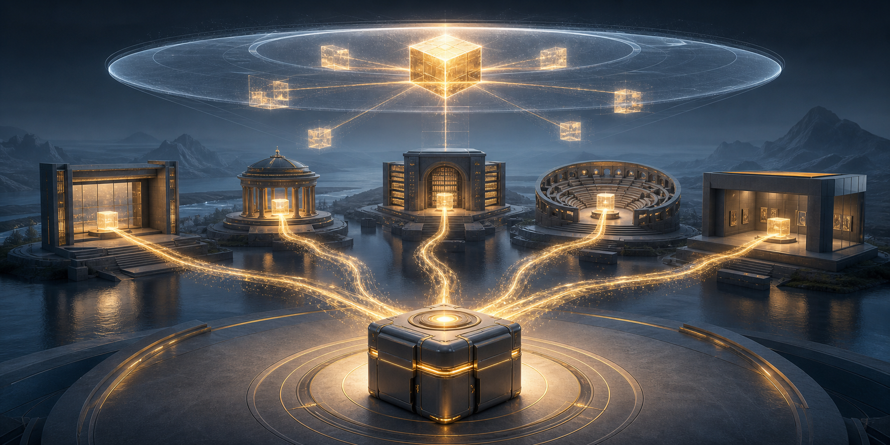 Matching evidence travels from one source package to several digital platforms and is gathered by a translucent AI retrieval lens.