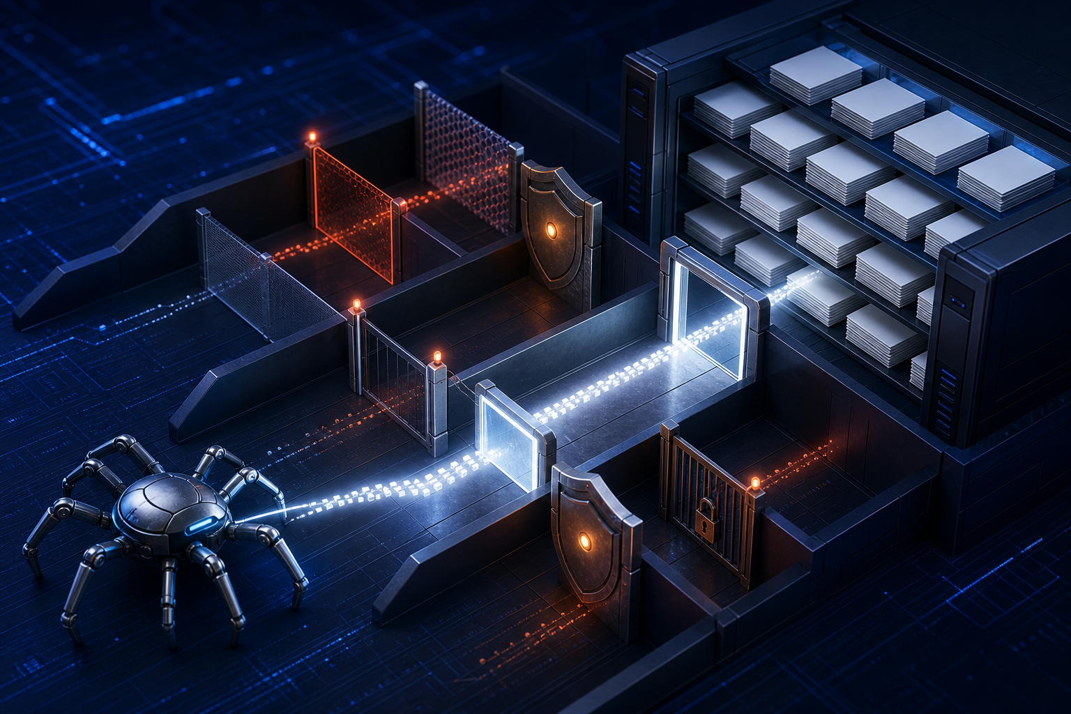 An abstract crawler approaches a server archive through layered security gates, with one route open and several routes blocked.