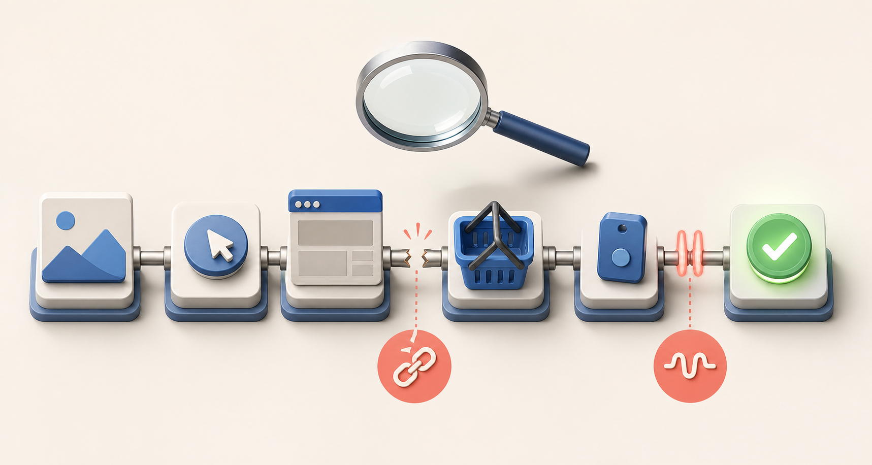 An isometric chain connects an ad, click, landing page, customer action, tracking sensor, and verified conversion while a magnifying glass reveals a broken link and duplicate signal.