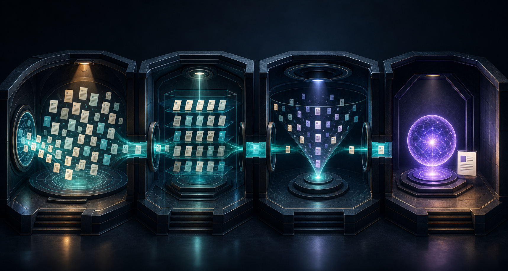 Document tiles pass through four connected chambers, with fewer tiles reaching a source card beside a glowing answer orb.
