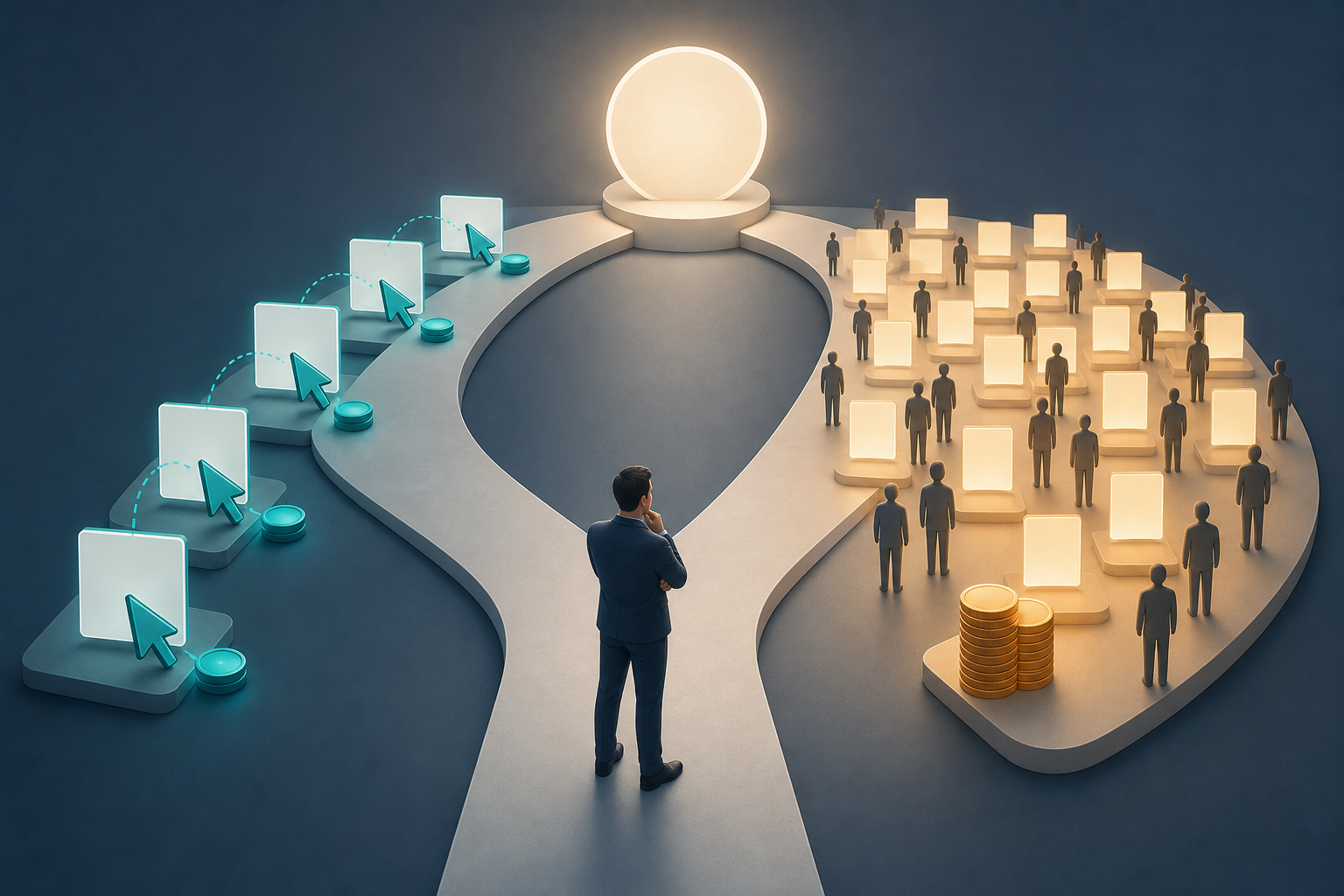 A marketer considers two paths, one showing individual interactions with blank cards and the other showing many viewed cards across an audience.
