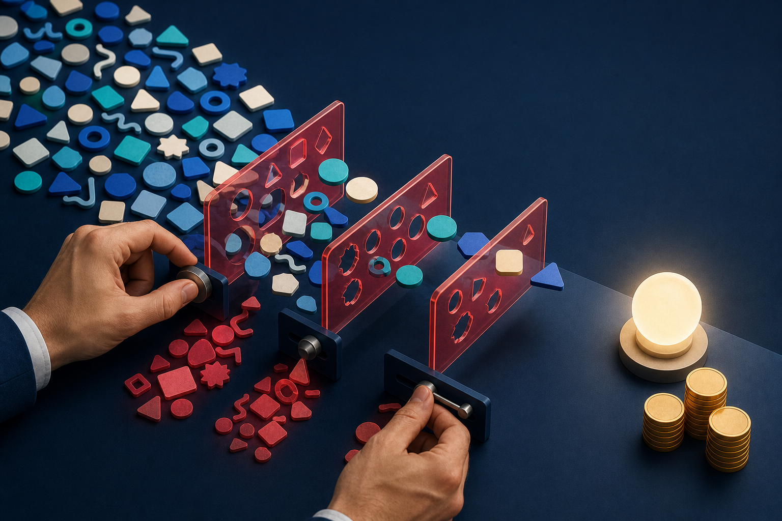 An analyst adjusts filter gates that block irrelevant abstract search-query tokens while relevant tokens continue toward a conversion beacon and budget coins.