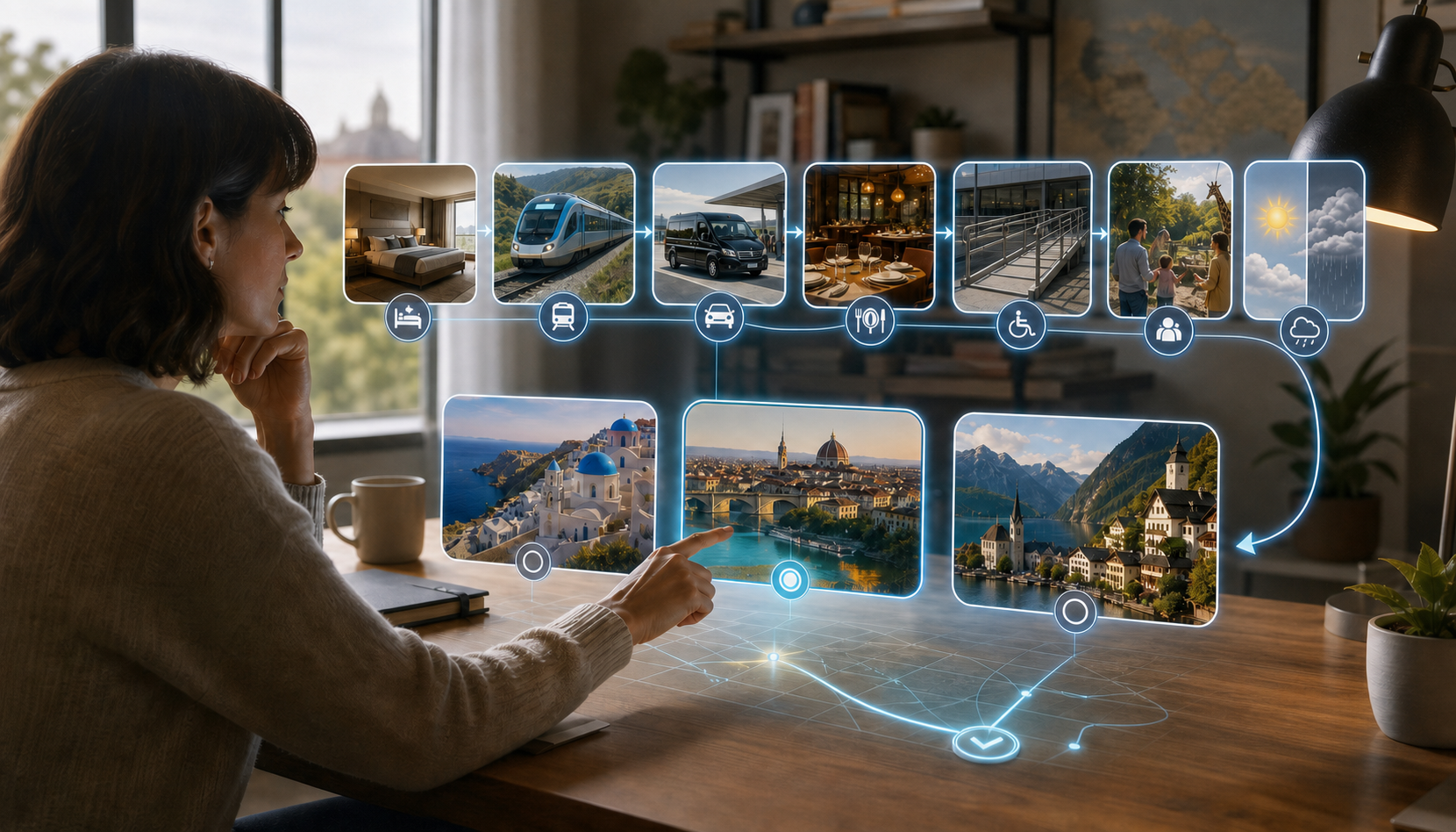 A traveler reviews a visual itinerary connecting lodging, transportation, dining, accessibility, weather, and family activities.