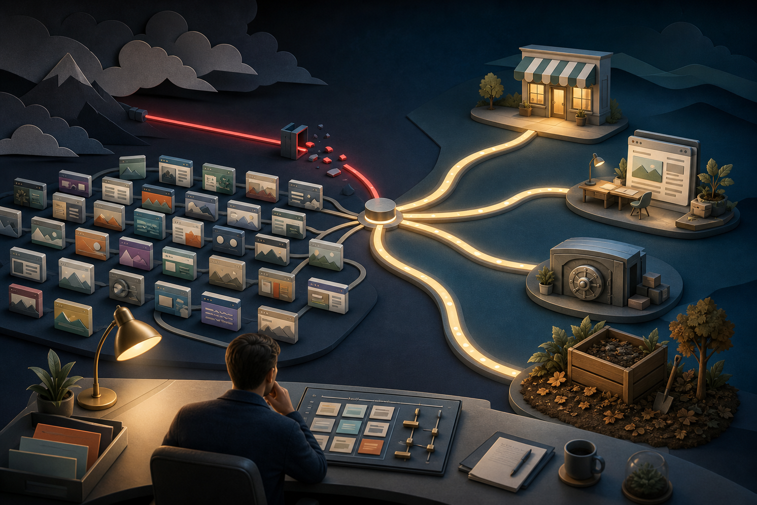 An analyst evaluates a field of website-property tiles as a disconnected network path branches toward selling, development, storage, and retirement options.