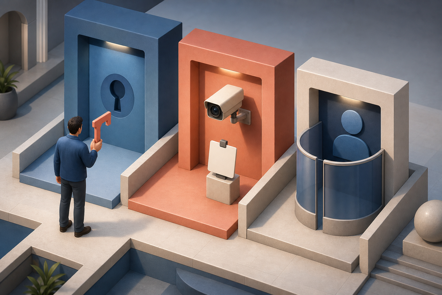 A person faces three digital security checkpoints represented by a mismatched key, identity verification equipment, and a blocked profile.