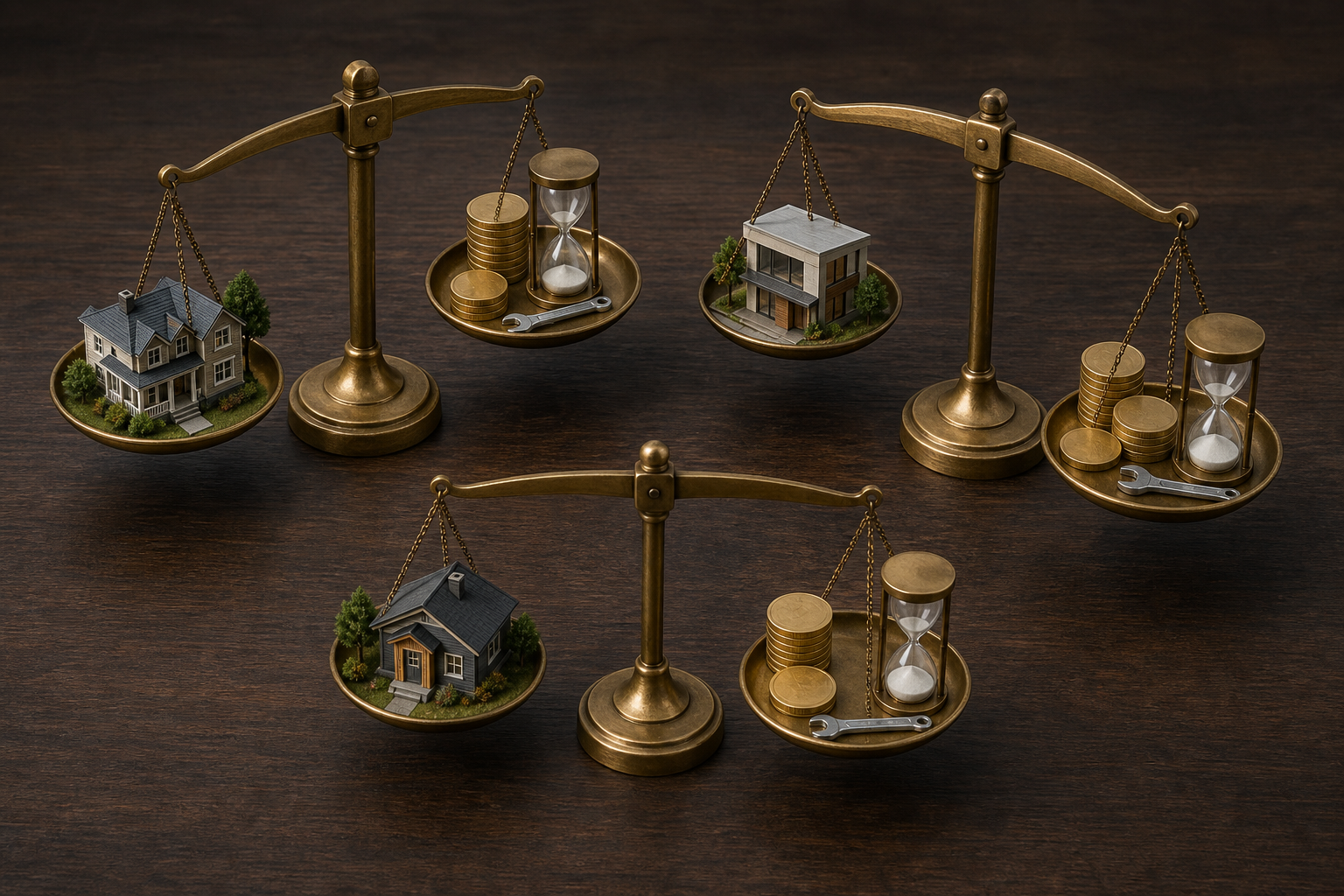 Miniature web properties sit on separate balance scales with coins, maintenance tools, and hourglasses representing their individual income and costs.