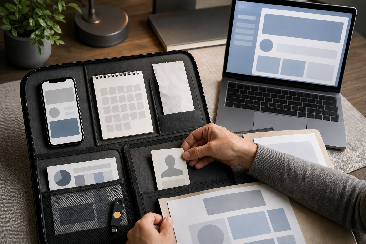 Hands organize a phone, laptop, blank identification card, receipt, calendar, and security key into an account recovery evidence folder.