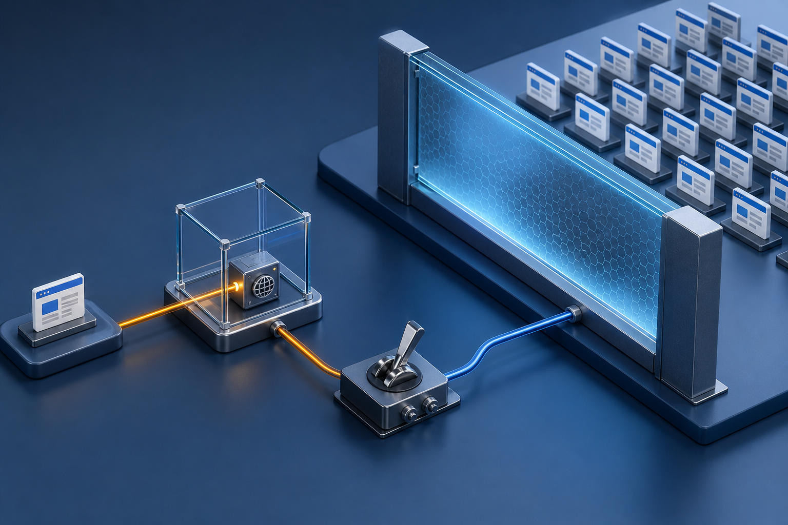 One website tile connects to an isolated network testing chamber while the larger portfolio remains separated behind a protective barrier.