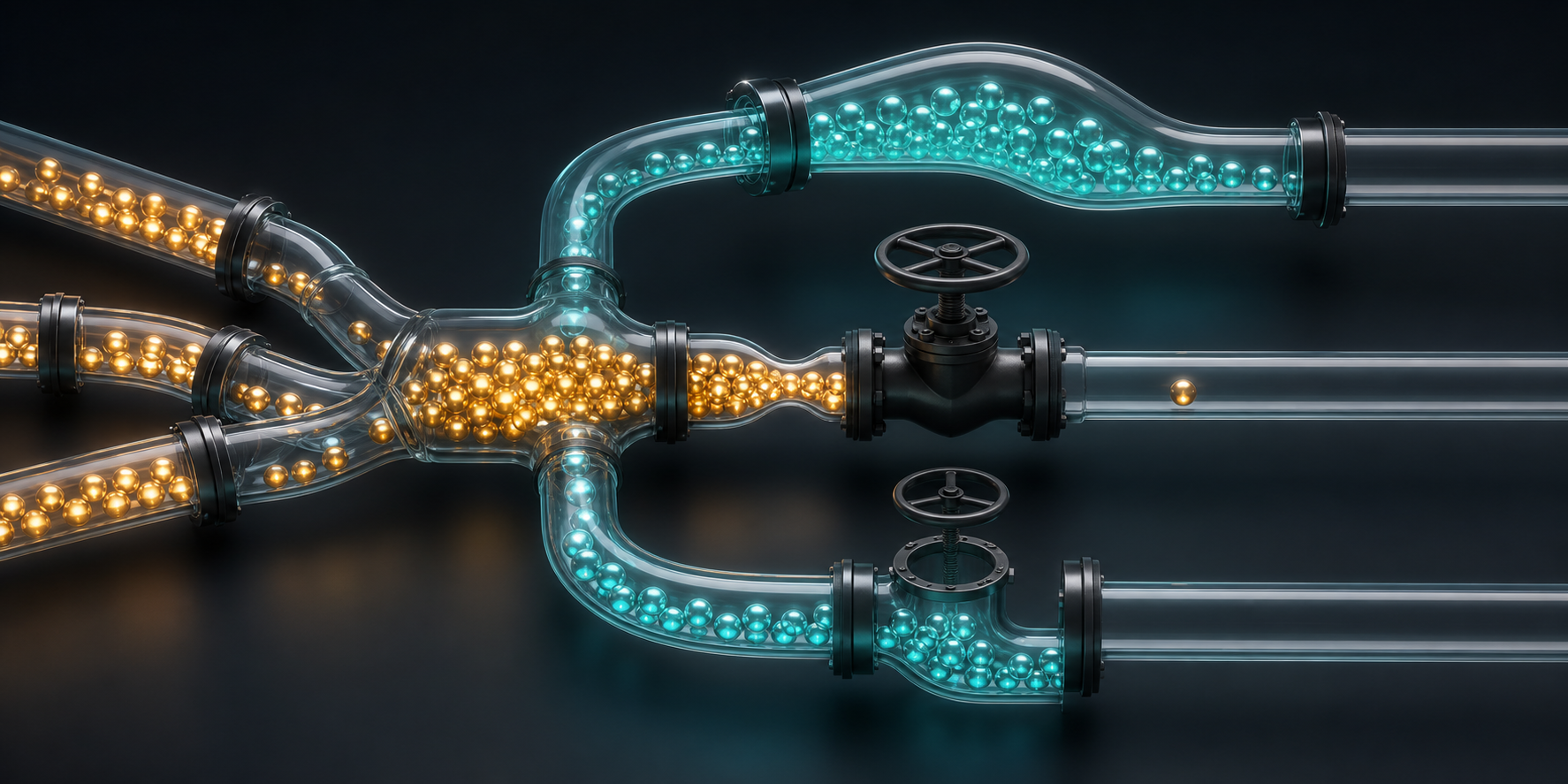Transparent pipes carrying glowing spheres reveal a narrow valve that restricts flow through an acquisition system.