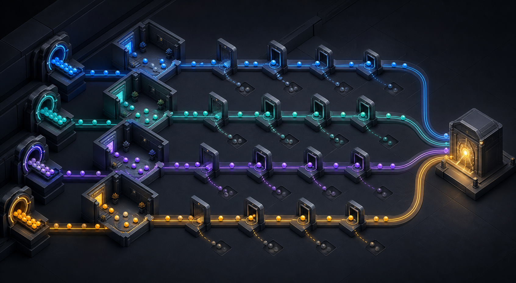 Color-coded paths trace tokens from four acquisition gateways through conversion and qualification stages to an illuminated revenue vault.