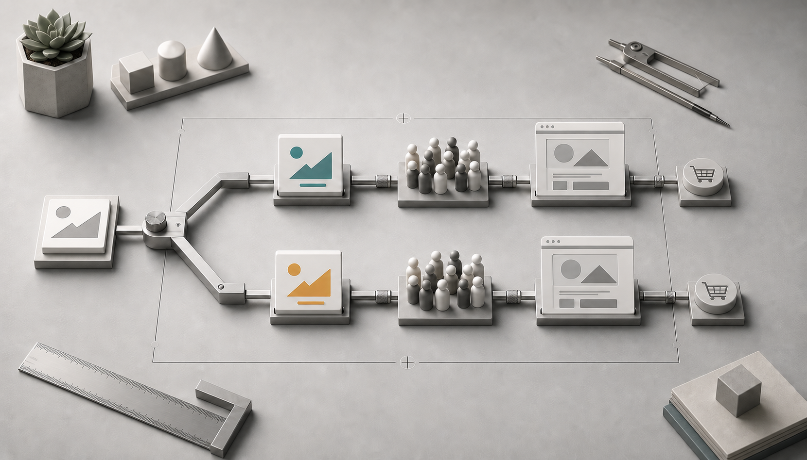 A tabletop testing setup splits one ad concept into two parallel audience and landing-page paths with a single visual variable changed.