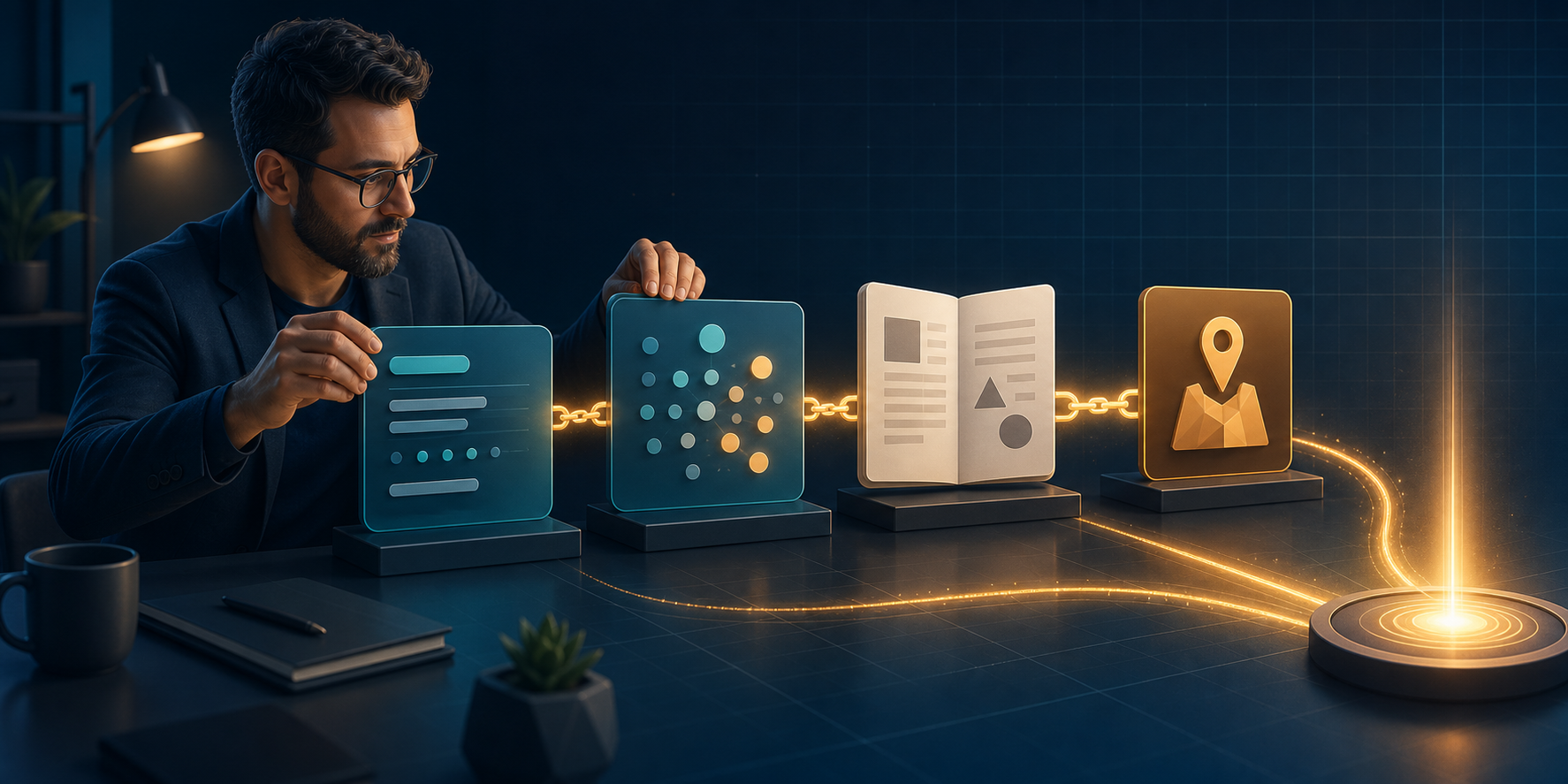 An SEO strategist connects search signals, query patterns, guidance pages, and a business decision along a staged evidence path.