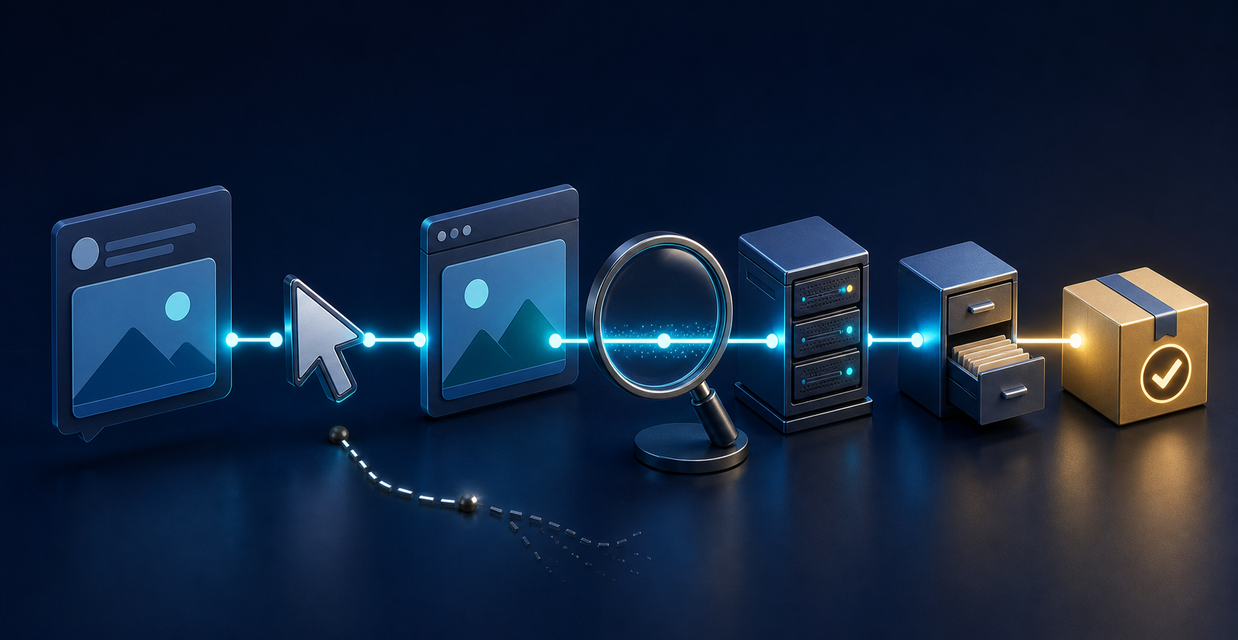 An illuminated tracking path connects an ad interaction to a landing page, server, customer record, and verified order package.