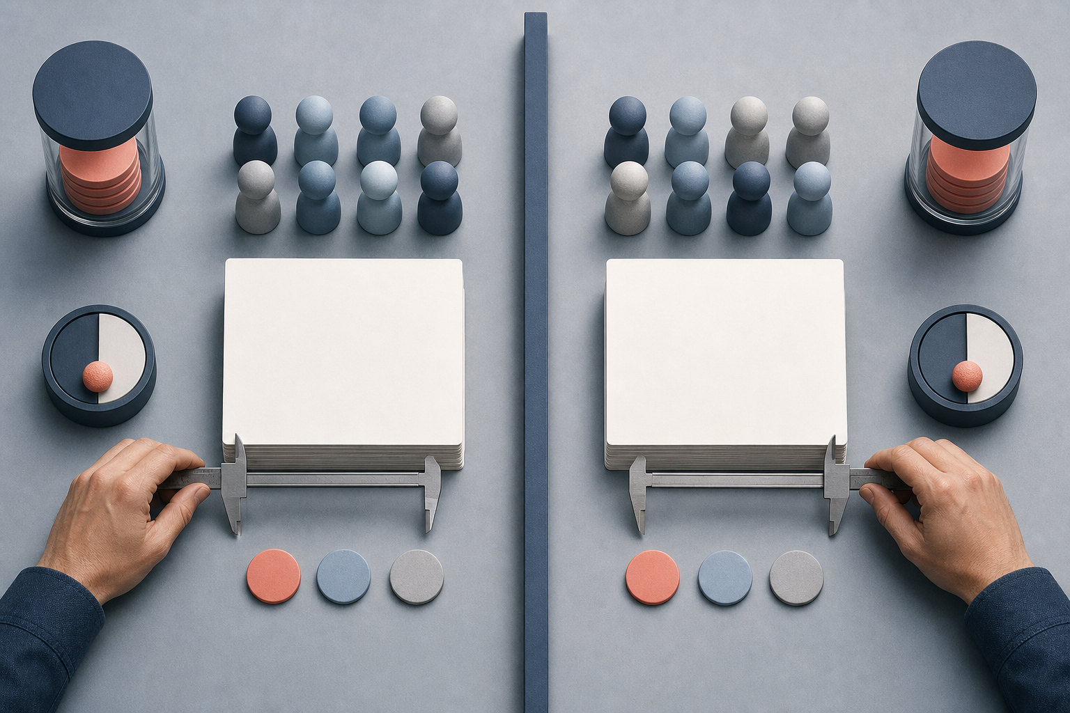 Hands arrange matching campaign materials into separate test and control areas on a measurement planning table.