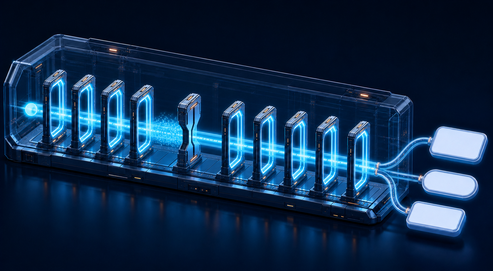 A glowing content capsule moves through ten isometric gates, with one partially closed gate creating a visible bottleneck.