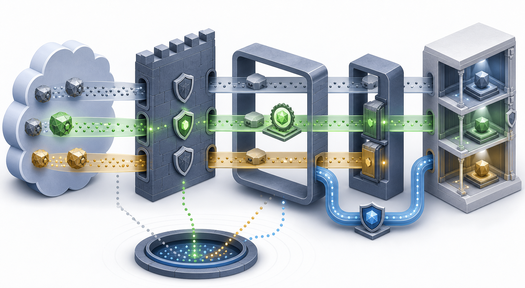 A layered website stack shows signed and unsigned automated requests moving through observation, verification, and limited enforcement paths with monitoring and rollback routes.