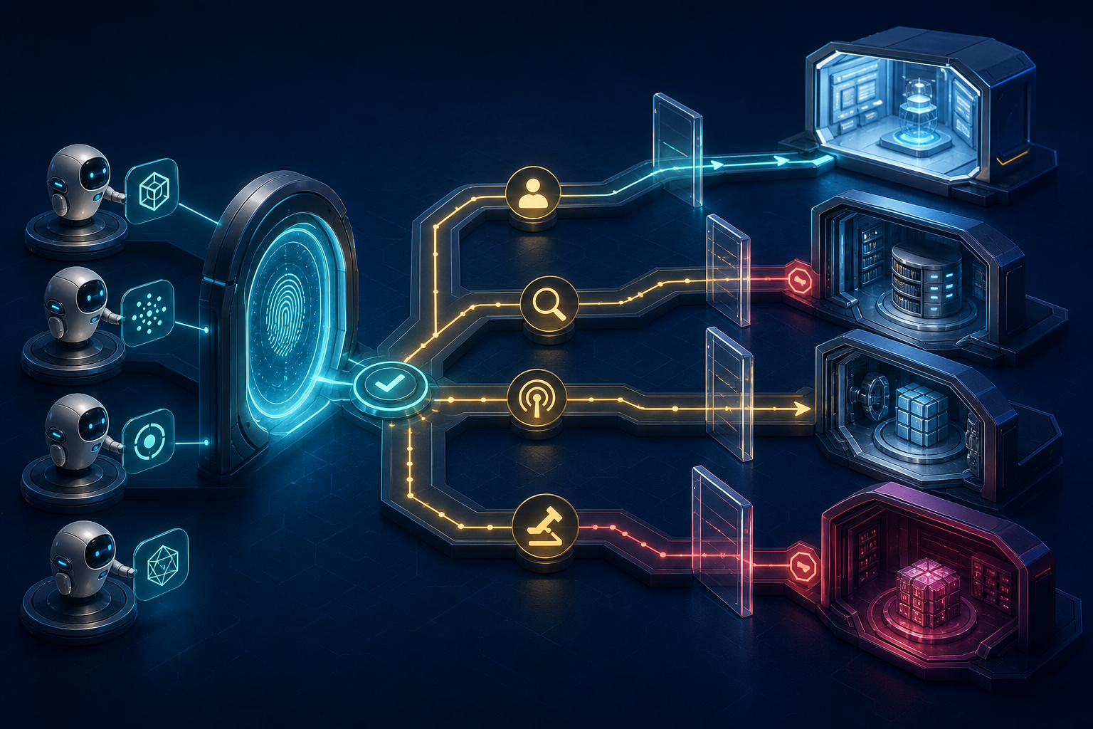 Verified automated agents follow different permission paths to public and restricted website resources, while policy barriers block access to sensitive areas.