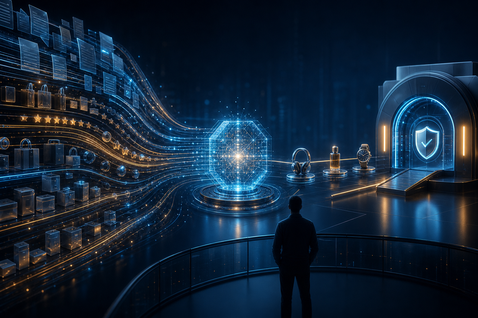 A glowing central AI system connects product information and trust signals to a secure digital checkout while a person observes.