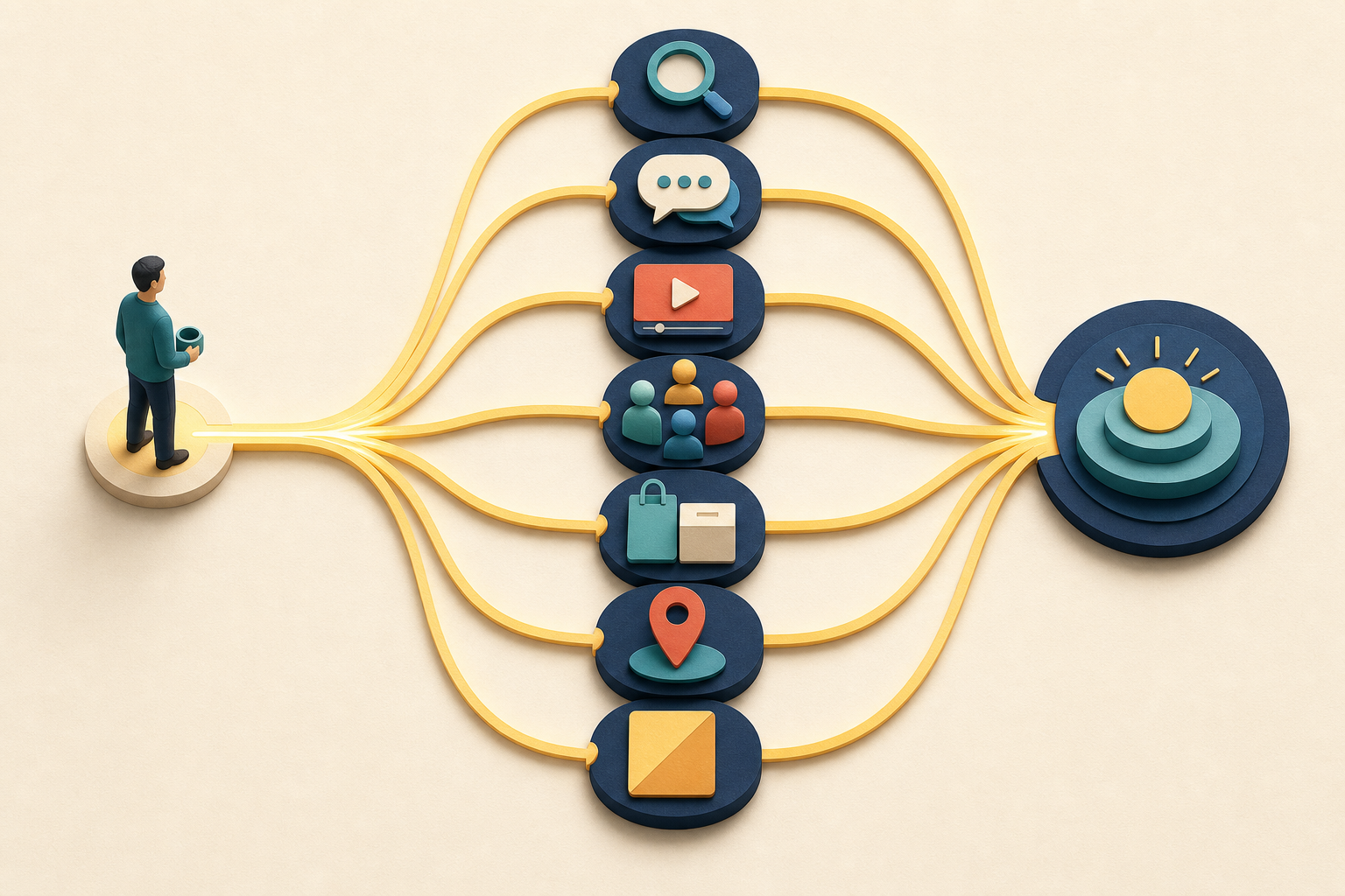 A person at a crossroads follows branching paths to generic search, AI answer, video, community, shopping, local and sponsored-result surfaces.