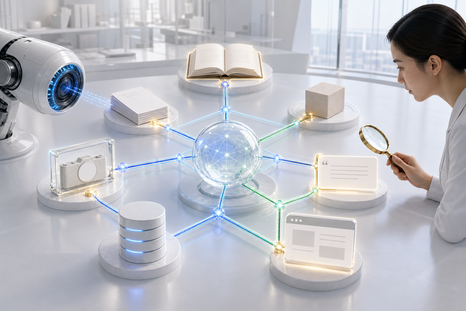 A human researcher and an abstract machine lens inspect connected books, documents, media and database objects around a transparent knowledge core.