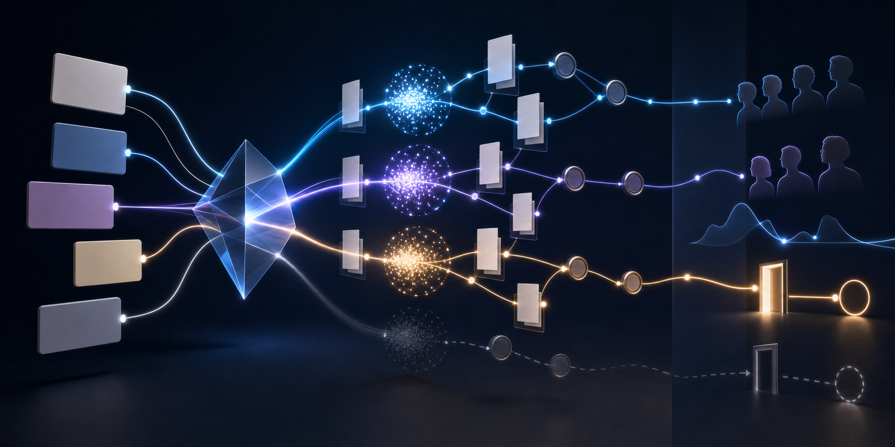 An editorial illustration showing blank prompt cards flowing through an AI prism to source documents, audience figures, and conversion symbols along connected pathways.