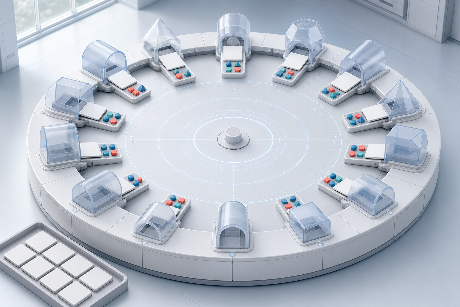 A circular testing table holds evenly spaced blank prompt tiles, translucent processing chambers, and colored response shapes arranged for repeated comparison.