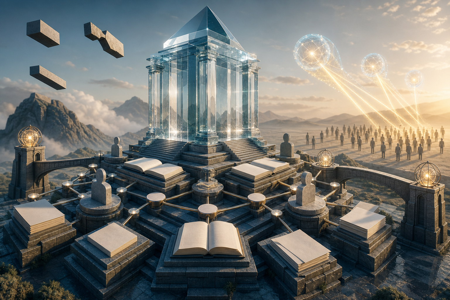 A crystalline central structure stands on a network of blank books, papers, source towers, and linked nodes while light orbs connect the evidence to an audience.