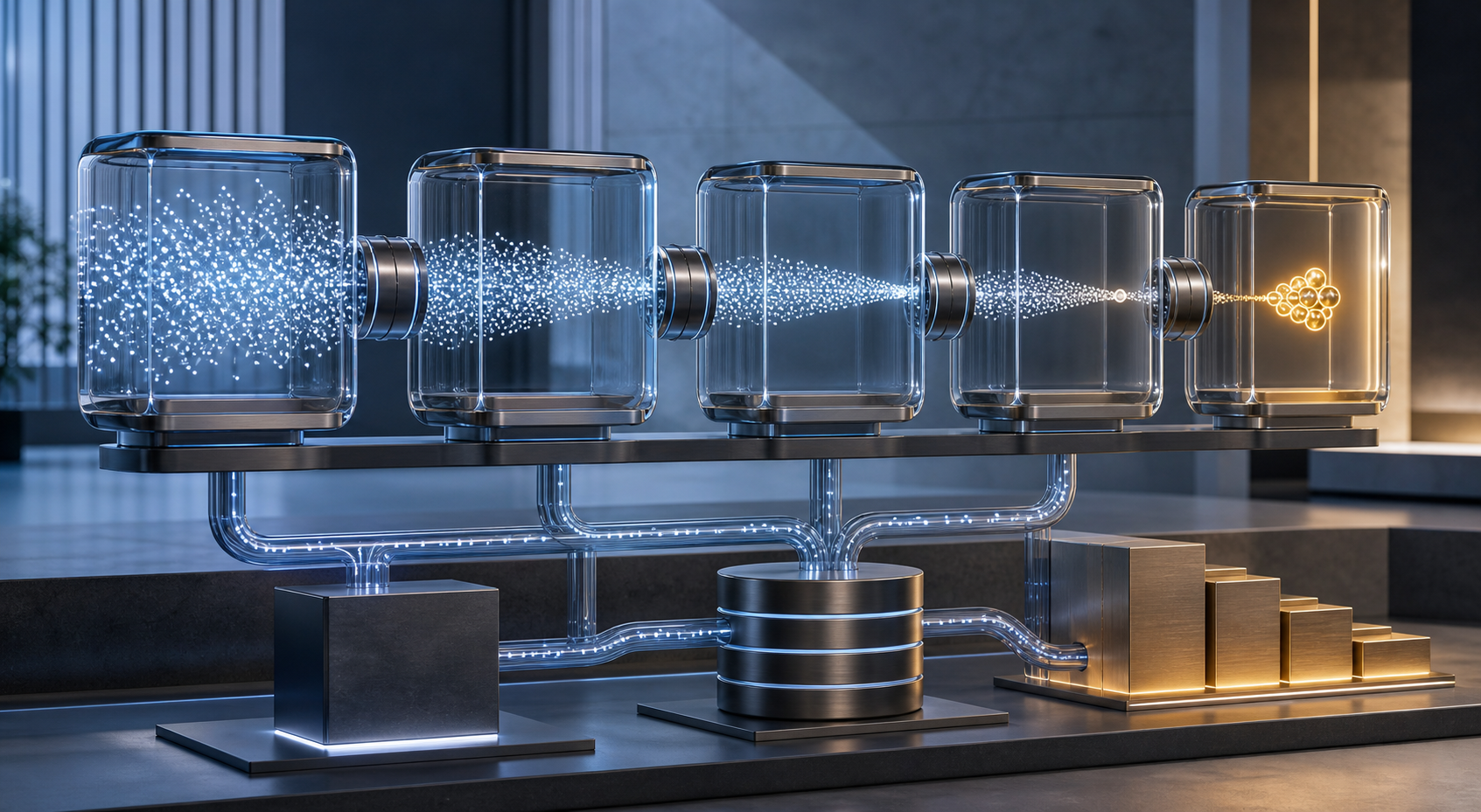 Five connected transparent chambers show a stream of marketing activity narrowing into leads, qualified prospects, and valuable pipeline outcomes.