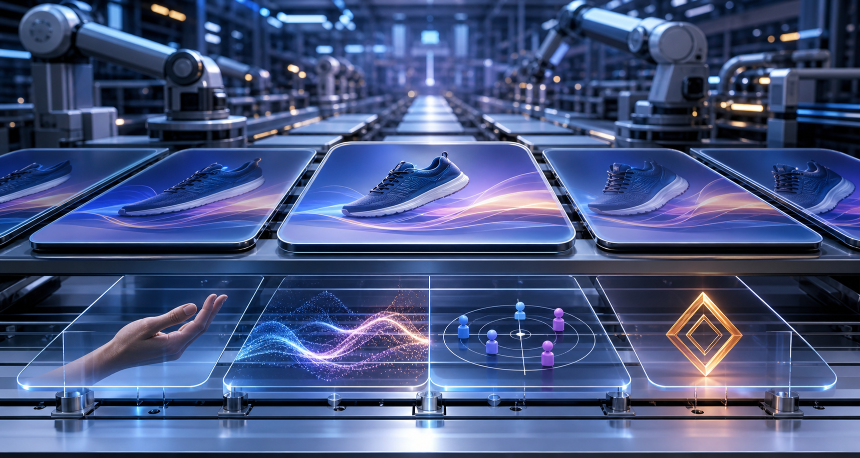 Abstract digital advertising tiles moving through an automated system while a transparent inspection layer reveals human and AI inputs.