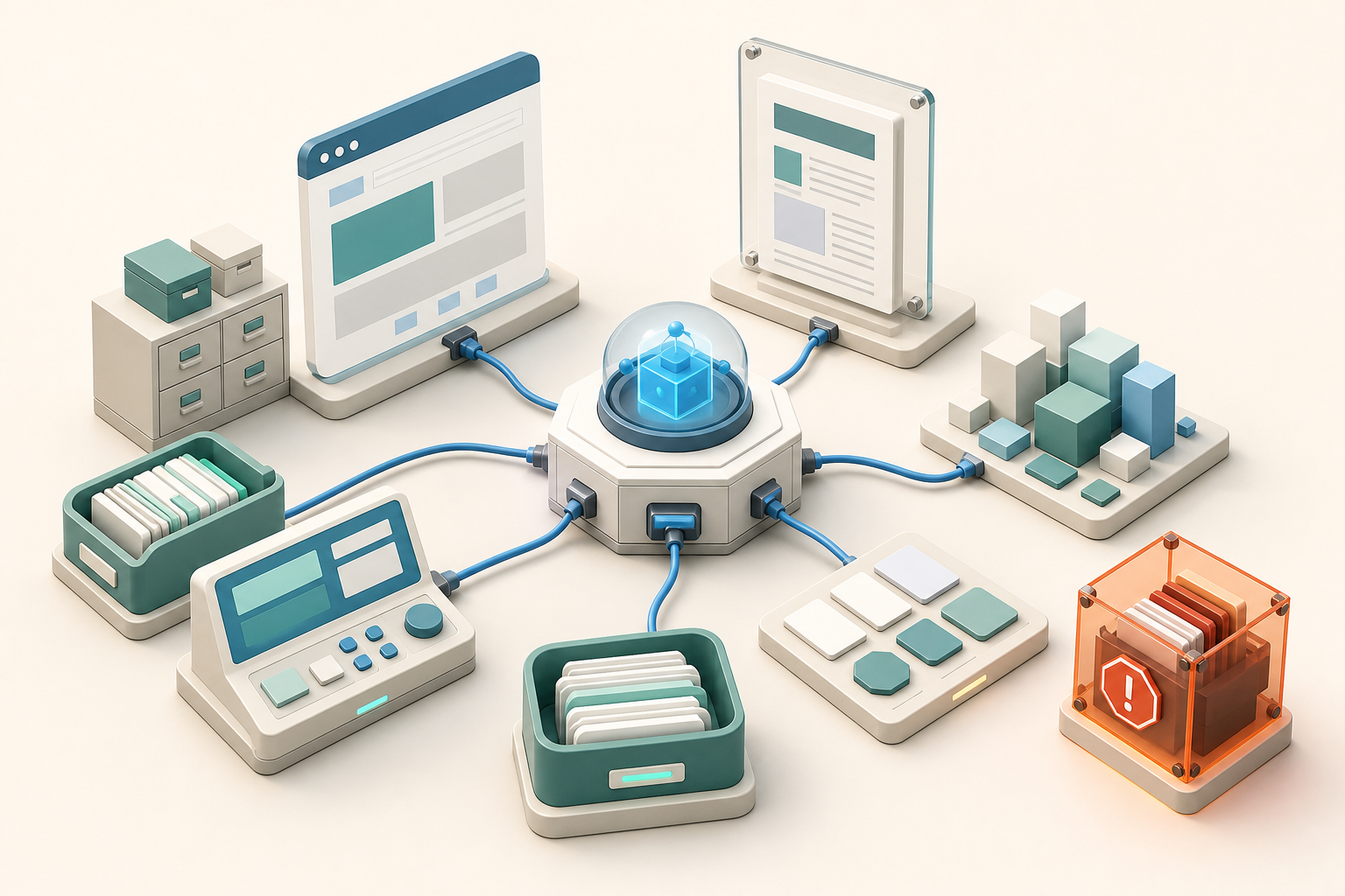 An isometric workspace connects a central robotic agent to abstract page snapshots, structured records, rules, tests, an archive, and an error tray.