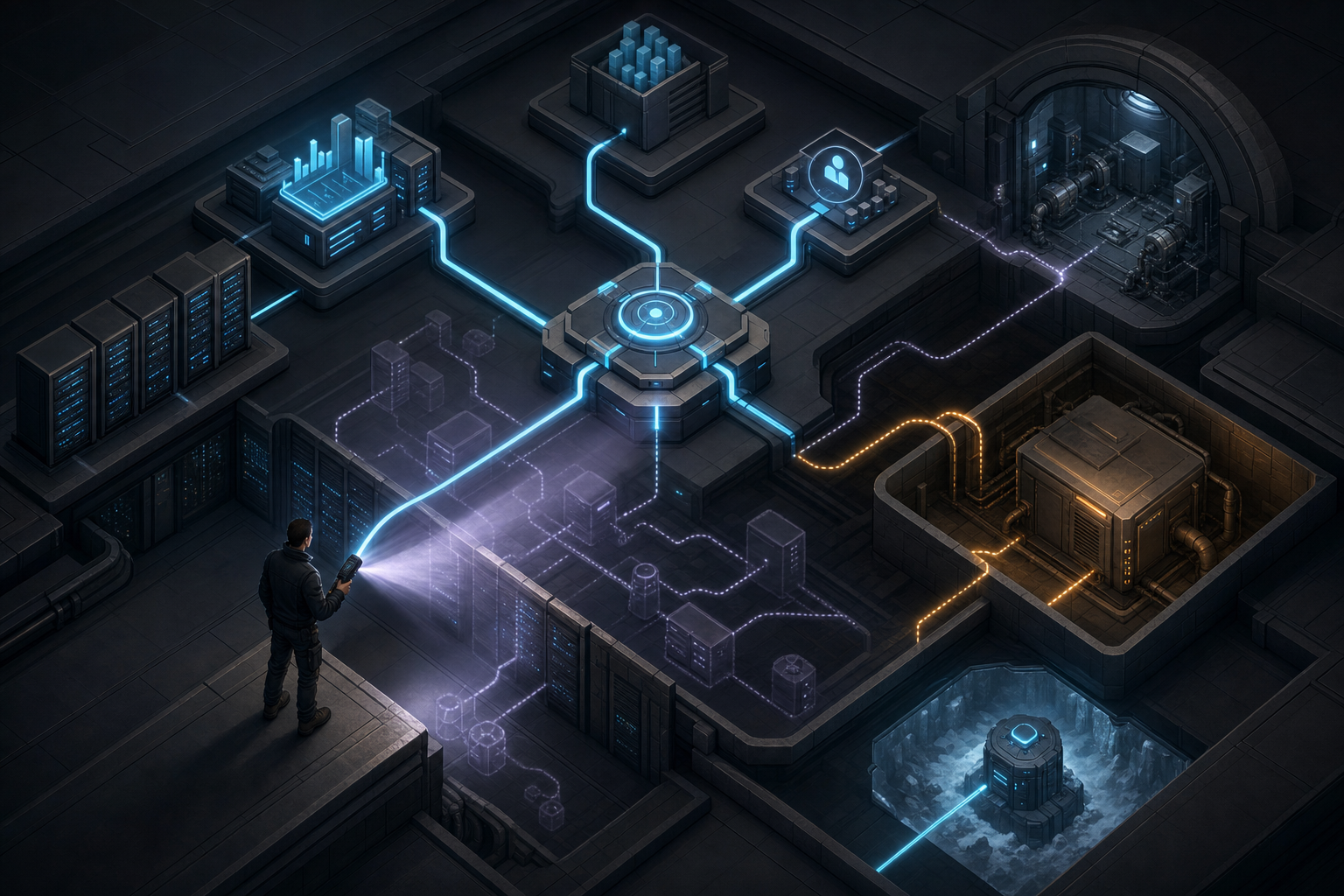 An isometric enterprise system shows visible services and faint hidden connections to legacy jobs, dormant components, and recovery infrastructure.