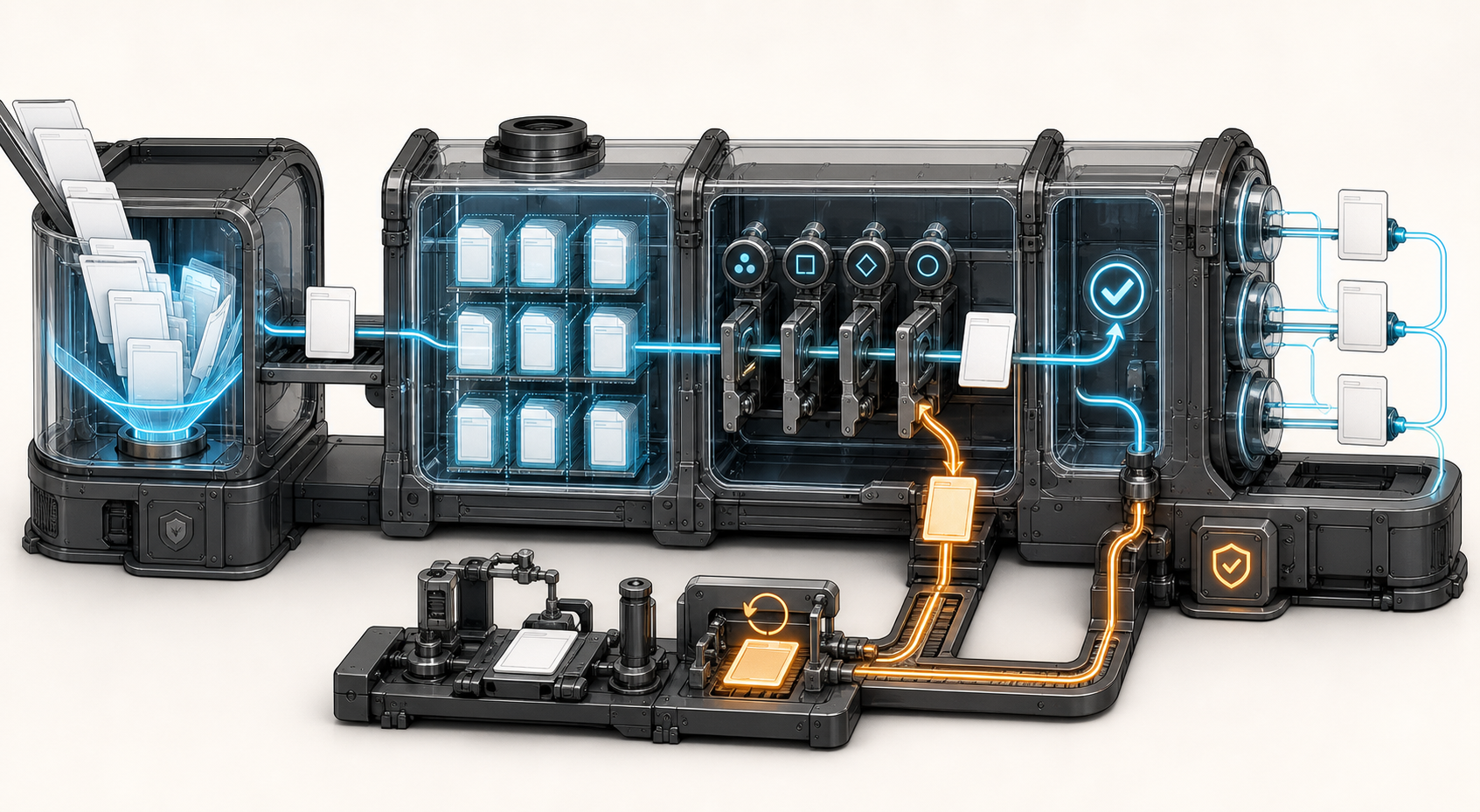 A transparent audit machine collects abstract web pages, preserves evidence, checks rules, and routes a failed item through a test bench into a new checkpoint.