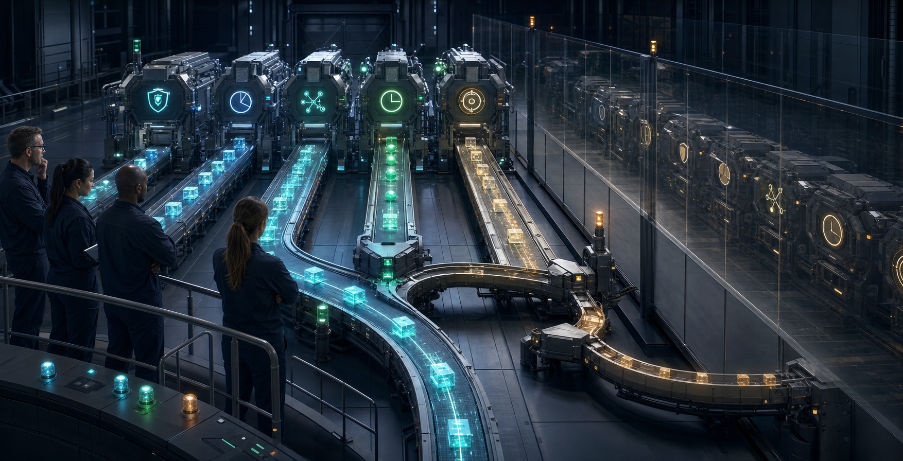Engineers monitor abstract requests moving through a replacement processing lane with checkpoints, a separated legacy lane, and a rollback route.