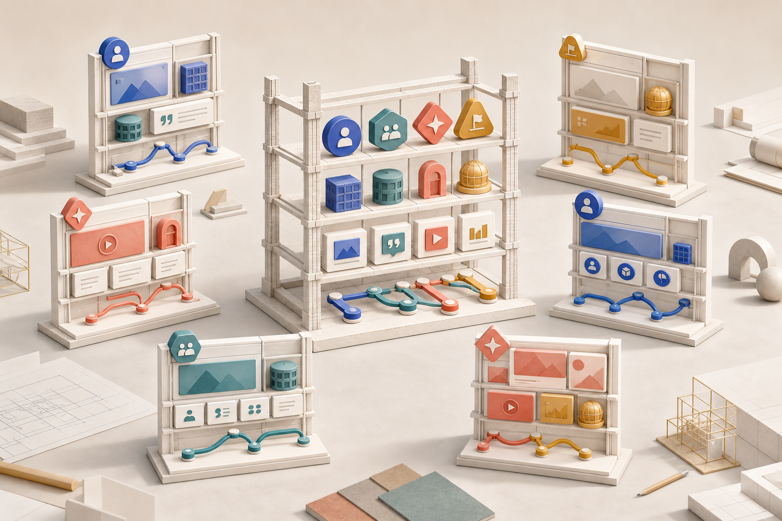 A modular framework supports several webpage structures with shared components but distinct symbols, evidence blocks, and layouts.