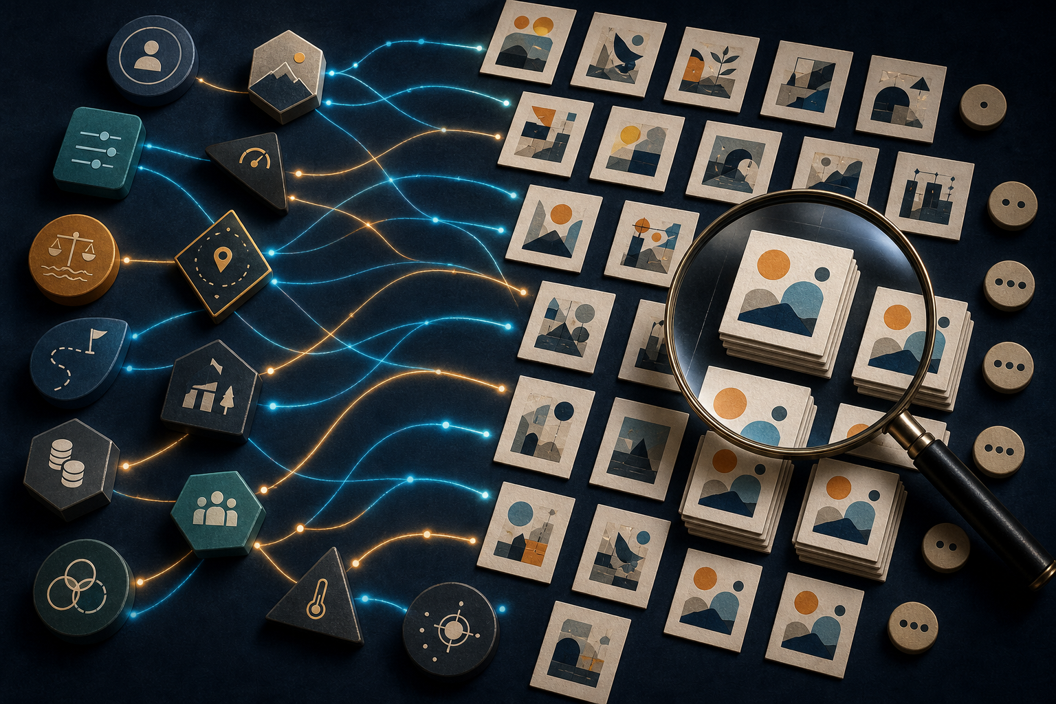 An overhead arrangement of varied prompt tokens connects to response cards, including a magnified cluster of visibly duplicated cards.