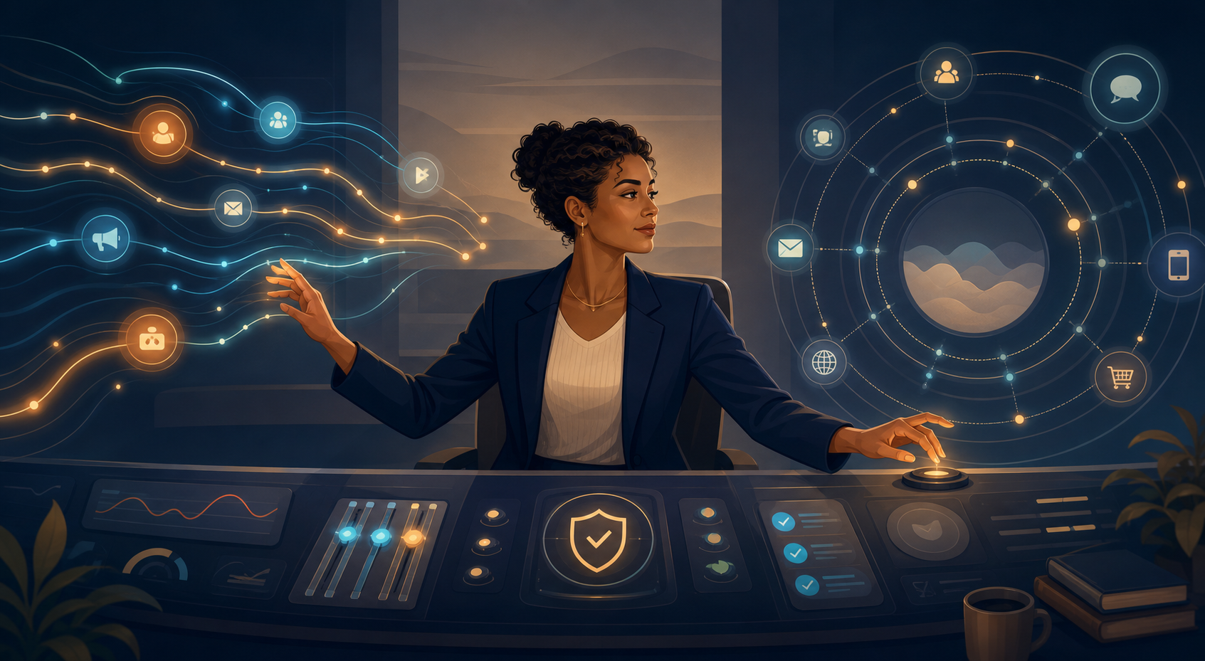 A marketing strategist supervises fast automated campaign signals and slower cross-channel feedback loops in a modern operations room.