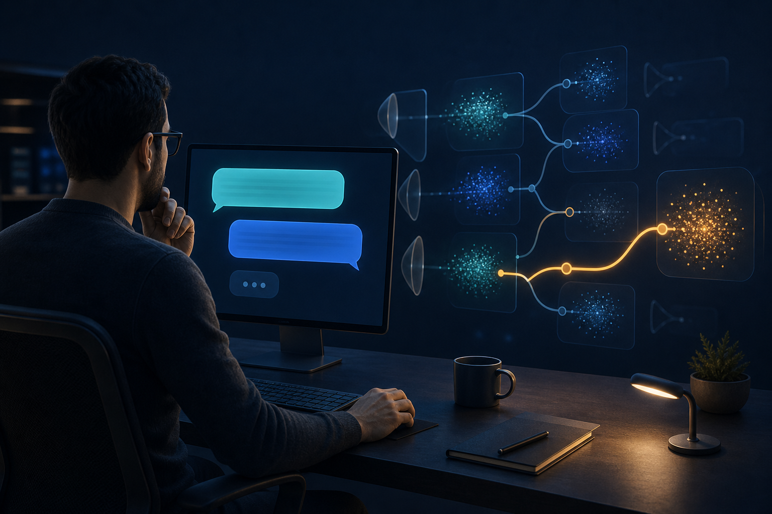 An analyst at a workstation examines an abstract conversational interface connected to clusters of data and branching evidence paths.
