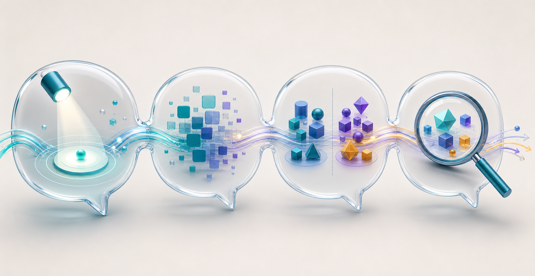 Connected translucent conversation bubbles guide abstract data through a sequence from an initial question to a focused evidence review.