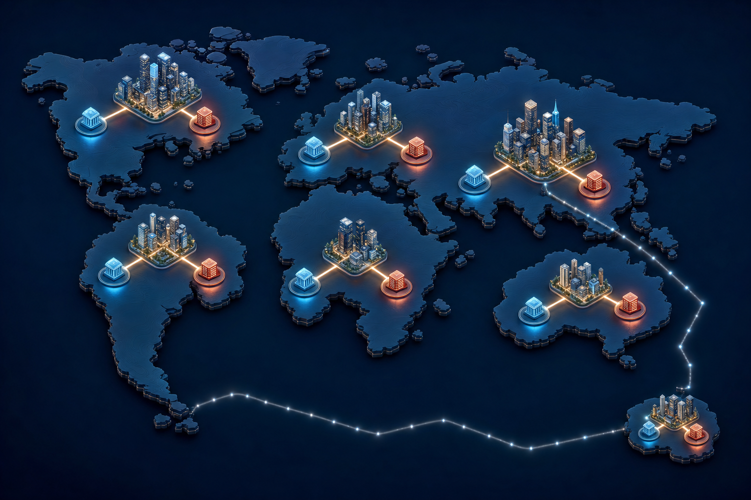 Isometric world scene with regional business clusters connected to nearby payment gateways and one cluster linked by a longer route.