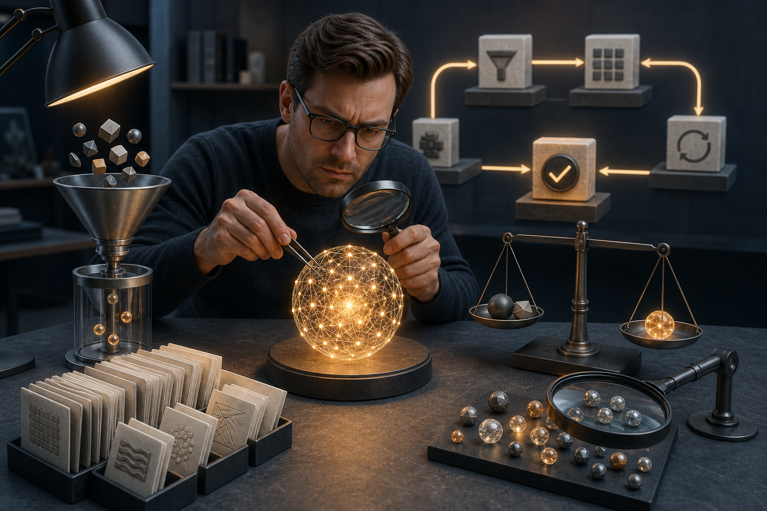 An analyst verifies an abstract AI result using source tiles, a filter funnel, a balance scale, and a magnifying lens.