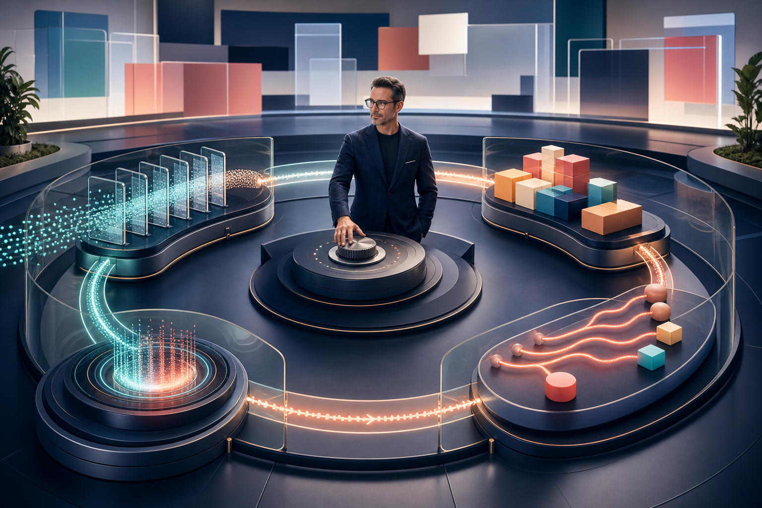 A marketing strategist monitors a circular automation system that connects filtered data, campaign planning, distribution, and feedback inside transparent guardrails.