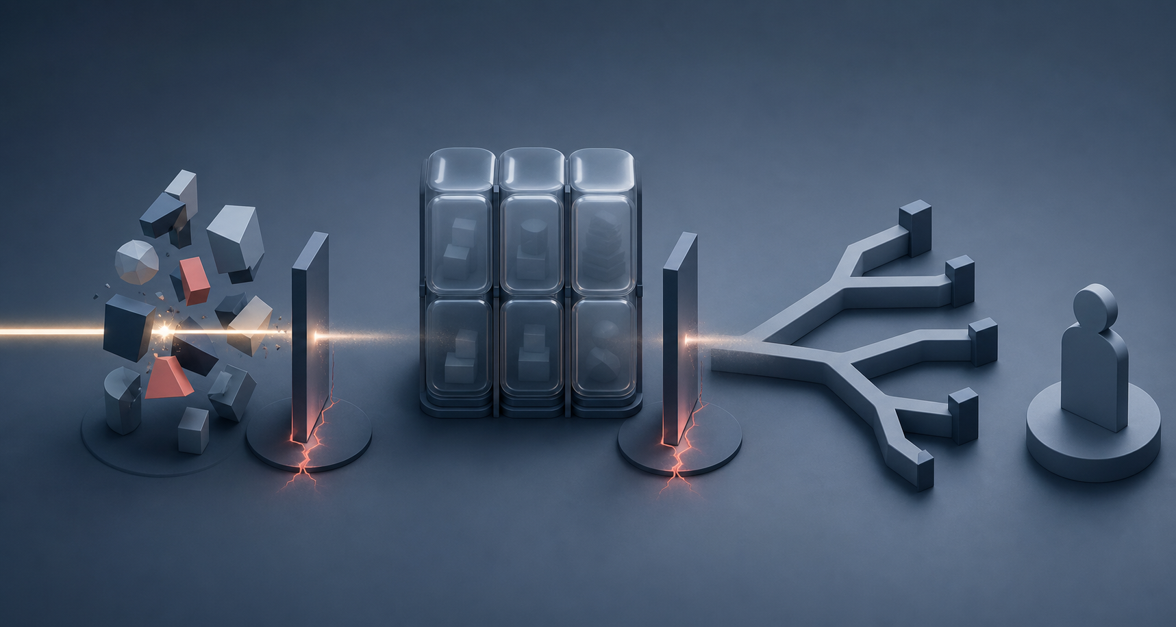 A beam of light weakens as it passes fragmented shapes, sealed chambers, and an interrupted path leading toward a person.