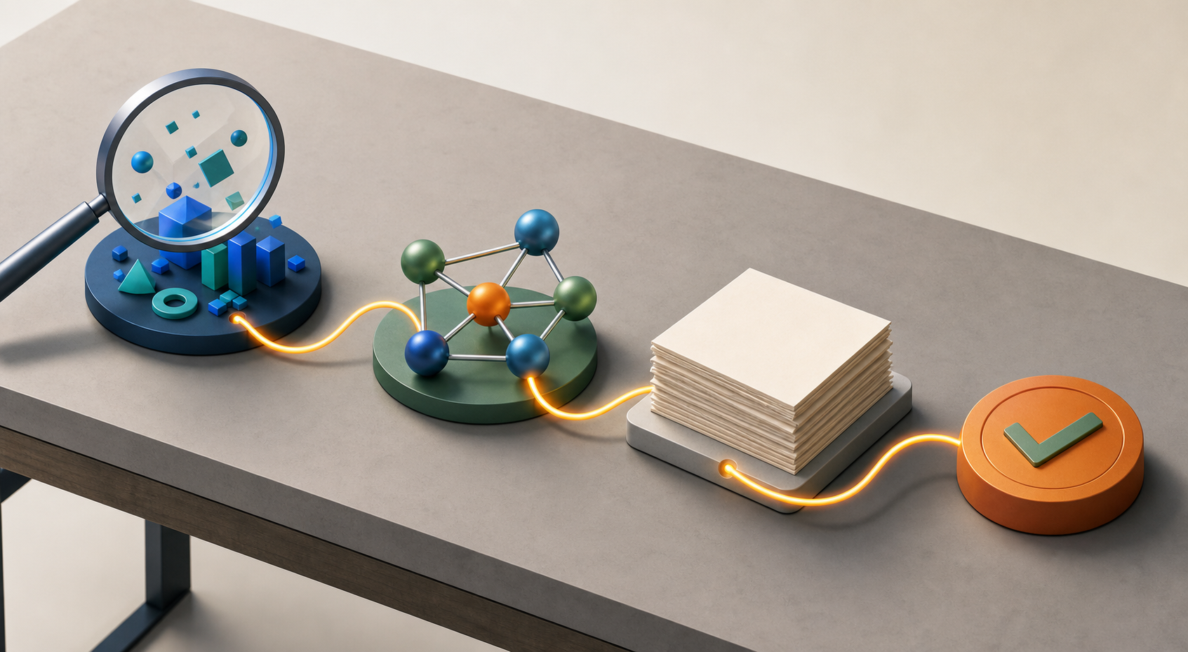 A glowing thread links search signals, hypothesis nodes, documentation pages, and a decision token on a table.