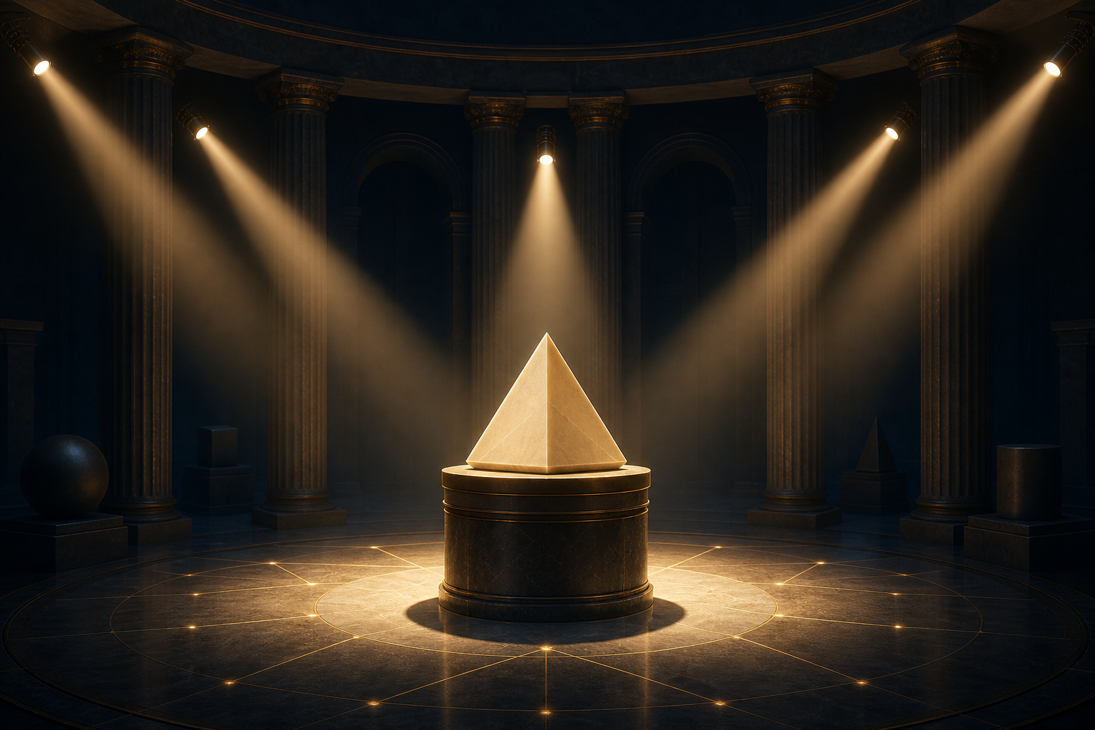 Several independent beams illuminate one geometric object from different directions, creating a single clear shape and stable shadow.