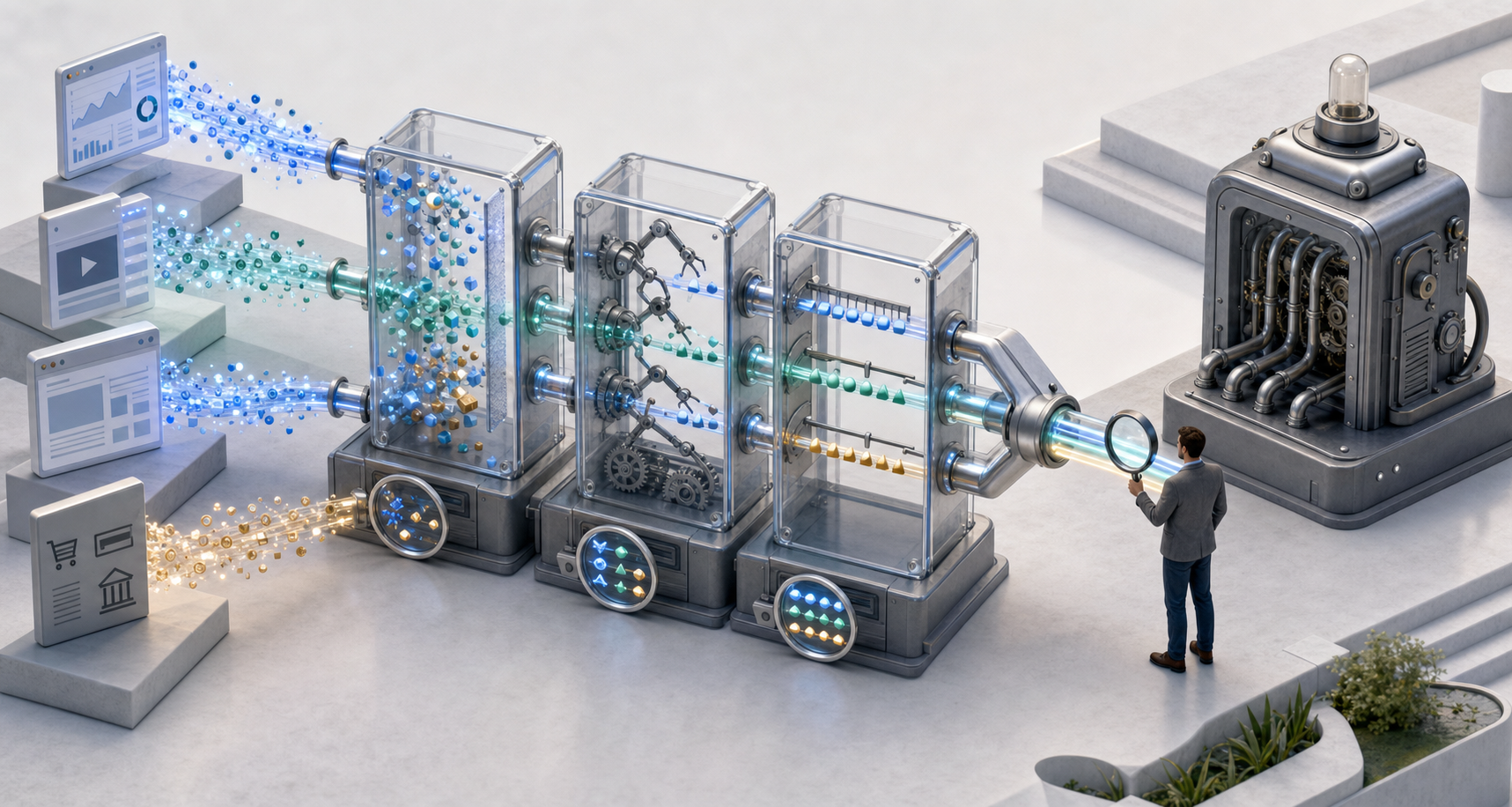 An analyst inspects several data streams as they pass through transparent filters that remove duplicates, repair gaps, and align the cleaned signals.